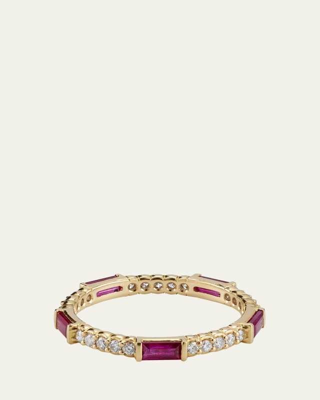 Ruby & Diamond Pinpoint Baguette Ring in 18K Gold, Size 6.5